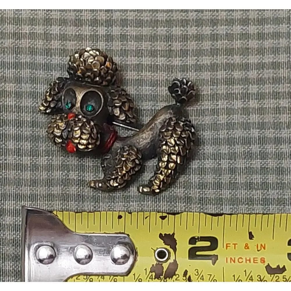 Vintage Brass Rhinestone Enamel Playful Poodle Brooch Signed JJ Jonette Jewelry